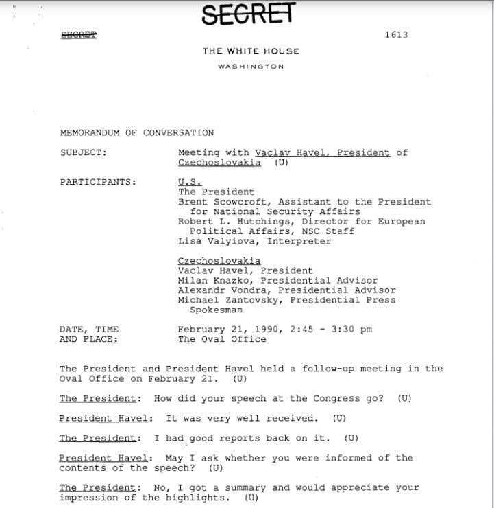 prepis rokovania čs. delegácie (Havel) s Bushom