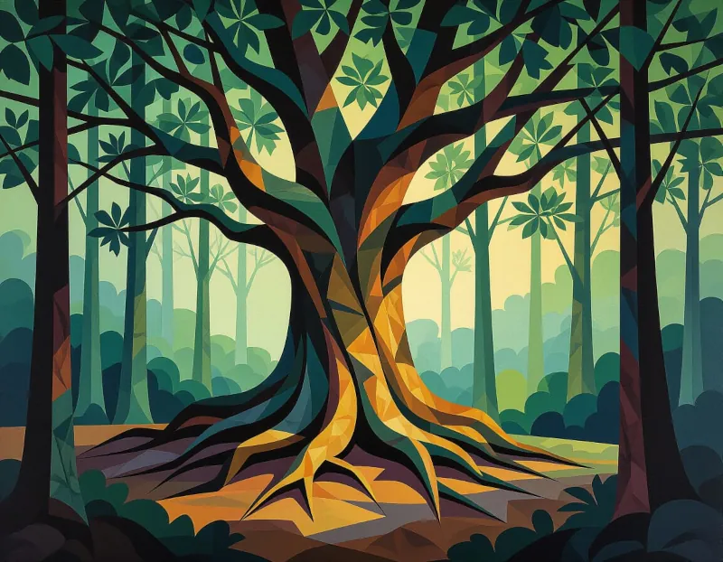 Abstract illustration of one master old tree, which dominates the forest where it grows. Its leaves touch many of its neighbors and its roots (especially highlighted) are interconnected with almost all of them.