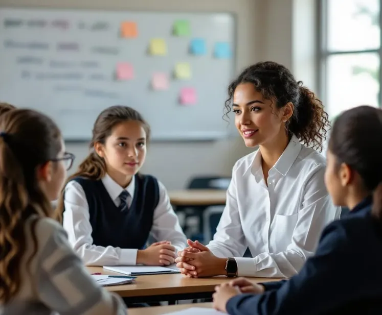 Group discussion i a school. The teacher is calmly supervising the discussion of a girl answering questions of her school mates. The mood is calm and disciplined.