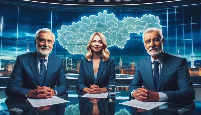 Two decent men in a TV discussion, a map of Slovakia on a wide screen behind them, nice female blondie moderator between them, TV studio in futuristic style