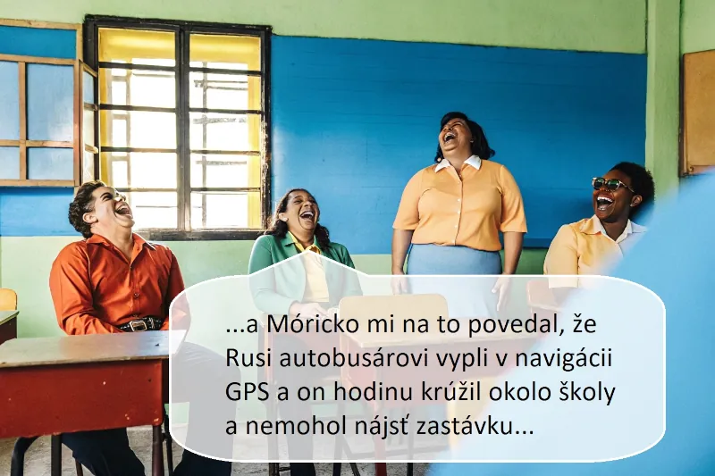 Teacher's staff room in a school, one of the teachers is telling a very funny story and all teachers around (4-5) are loudly laughing