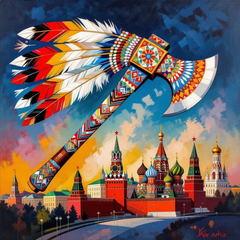 Obrázok je len ilustračný alebo len akA colorful Indian tomahawk is flying in the air above a small model of Kremlino dekorácia.