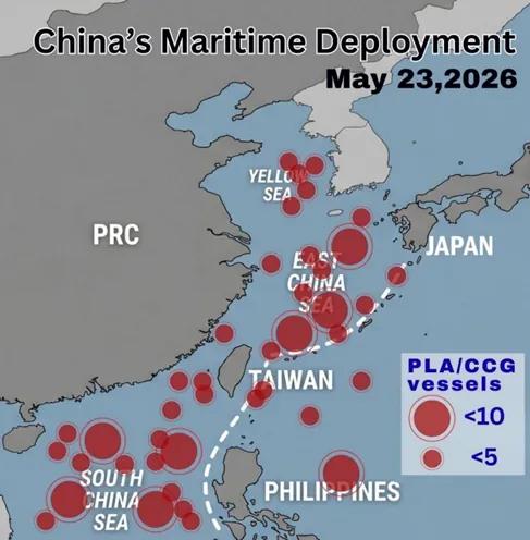Mapa čínskeho námorného nasadenia okolo Taiwanu a Juhočínskeho mora.