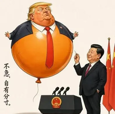 Karikatúra Donalda Trumpa ako oranžového balóna a Si Ťin-pchinga s ihlou.