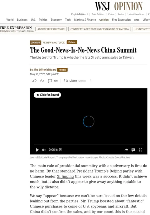 Článok WSJ Opinion "China Summit" a prehrávač videa.