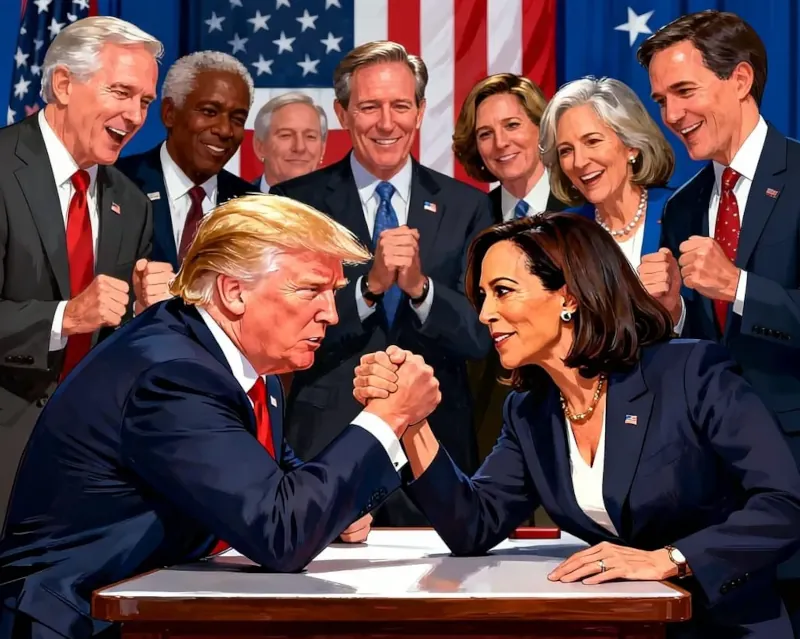 Pretláčanie rúk Trumpa a Harrisovej pred americkou vlajkou.