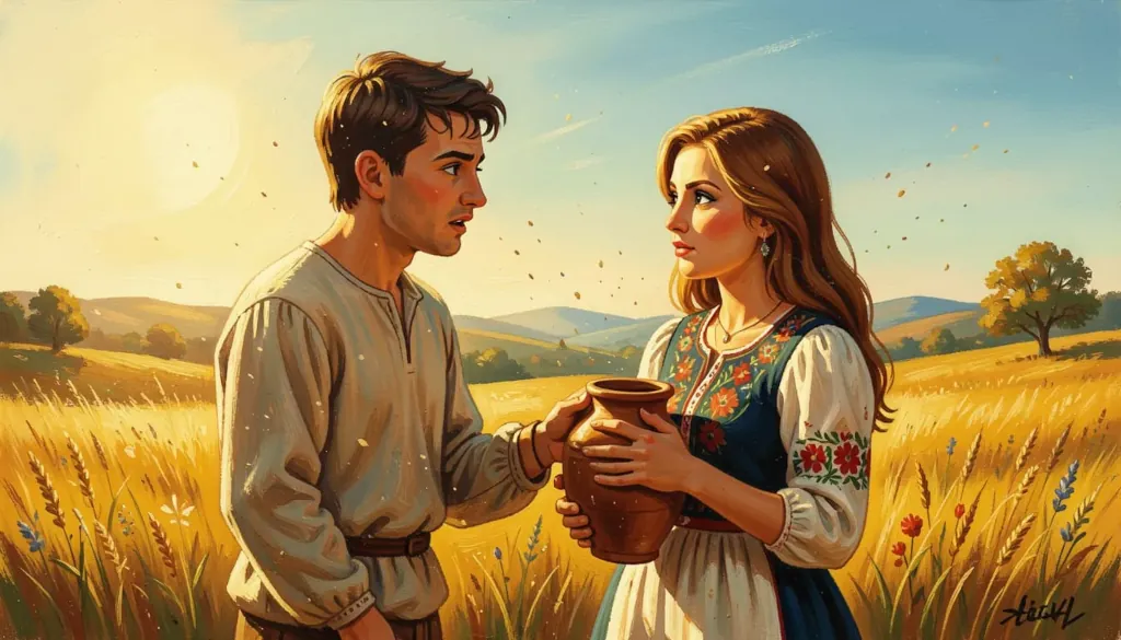 Mladý pár s džbánom v slnečnom pšeničnom poli.