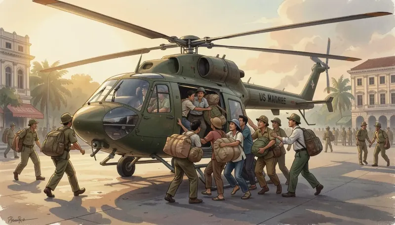 Vojenská helikoptéra US Marines nakladá ľudí s batožinou.