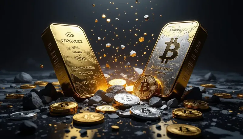 Zlatá a strieborná tehla, Bitcoin mince a kryptomeny.