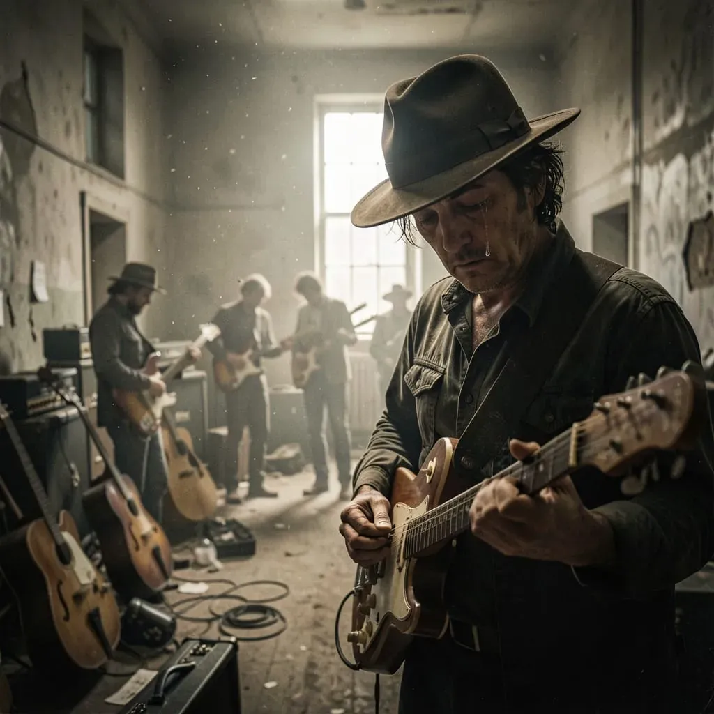 Gitarista v klobúku hrá v starej budove s hudobníkmi