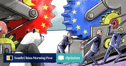 Čínska a európska vlajka na ozubených kolesách, panda a obchodníci.