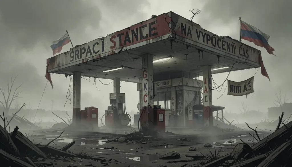 Zničená čerpacia stanica s ruskými vlajkami v hmle.