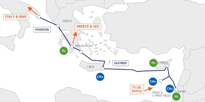 AM: Mapa plynovodu EastMed spájajúceho Izrael, Cyprus, Grécko a Taliansko.