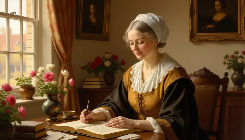 Žena v historickom odeve píše do knihy pri okne s kvetmi.