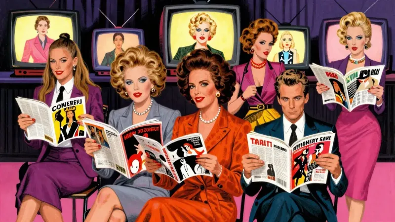 Elegantní ľudia čítajú časopisy, retro televízory v pozadí.