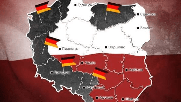 Mapa Poľska s nemeckými vlajkami nad farebnými regiónmi.