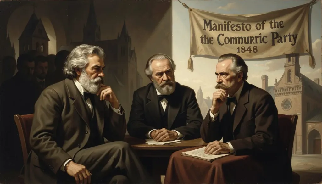Karl Marx, Friedrich Engels a ďalší s Manifestom Komunistickej strany.