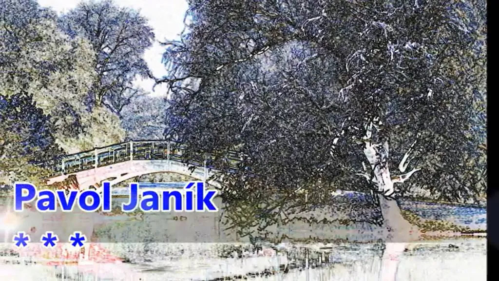 Kresba krajiny: most, veľký strom a nápis Pavol Janík.
