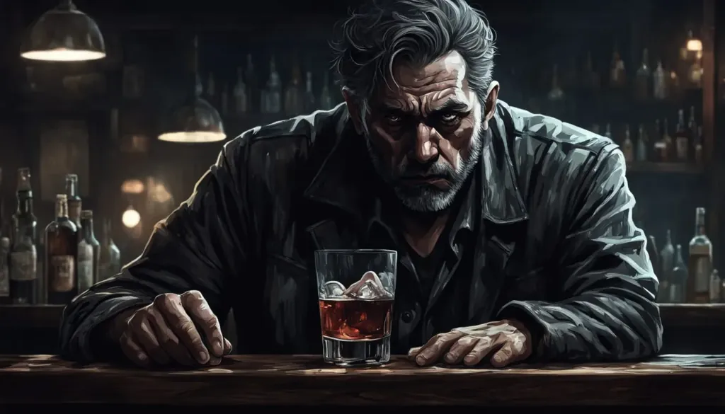 Zamyšlený muž s bradou a pohárom whisky sedí pri bare.