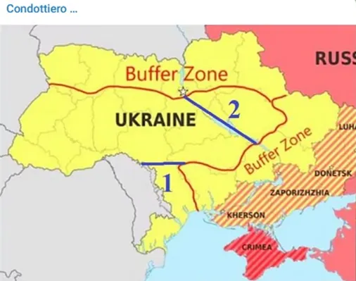 Mapa Ukrajiny s nárazníkovými zónami a okupovanými územiami.