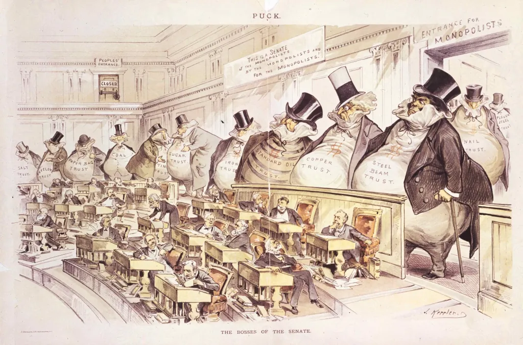 Karikatúra obrovských monopolistov ako vriec s peniazmi v americkom senáte.