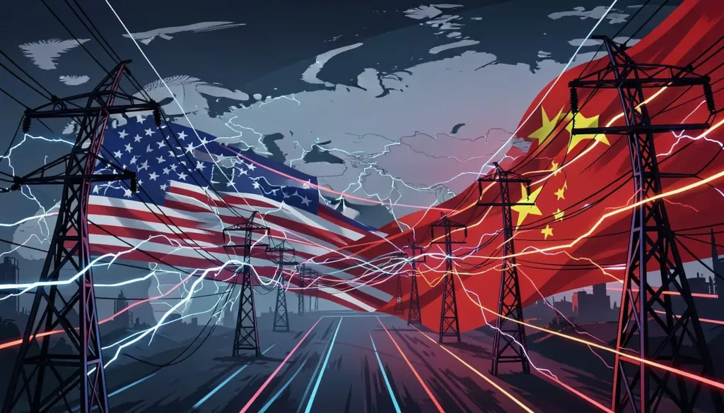 Vlajky USA a Číny so stožiarmi vysokého napätia a bleskami.