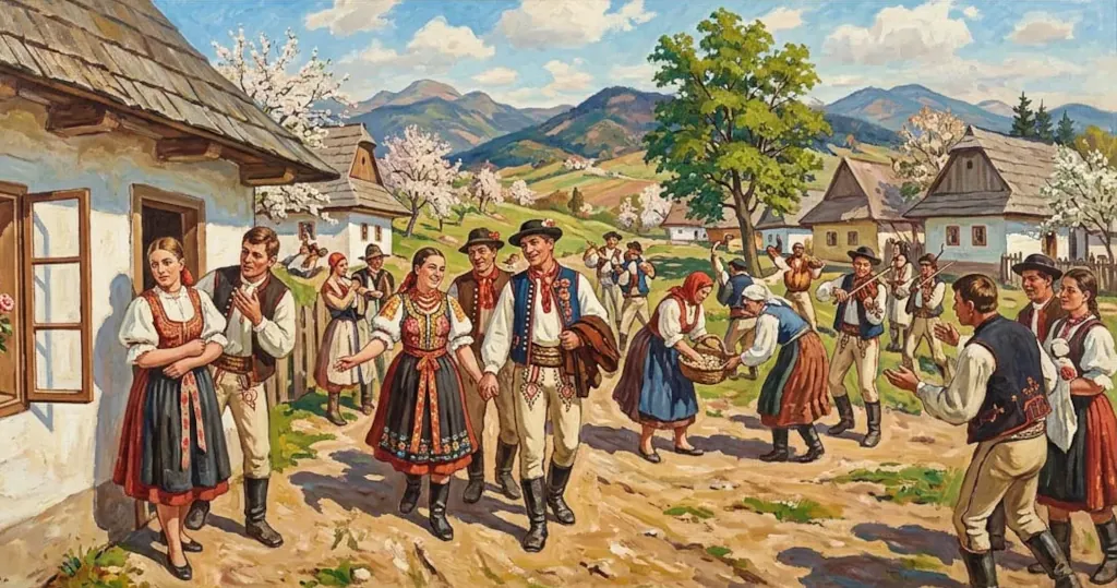 Slovenská dedinská slávnosť s ľuďmi v krojoch a horami.