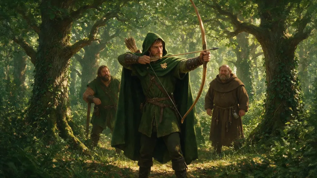 Robin Hood mieriaci lukom v lese so svojou družinou