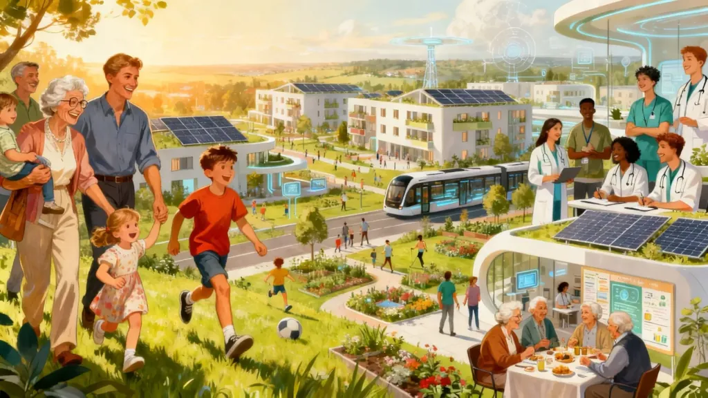 Ekologické mesto budúcnosti so solárnymi panelmi, zeleňou a šťastnou rodinou.