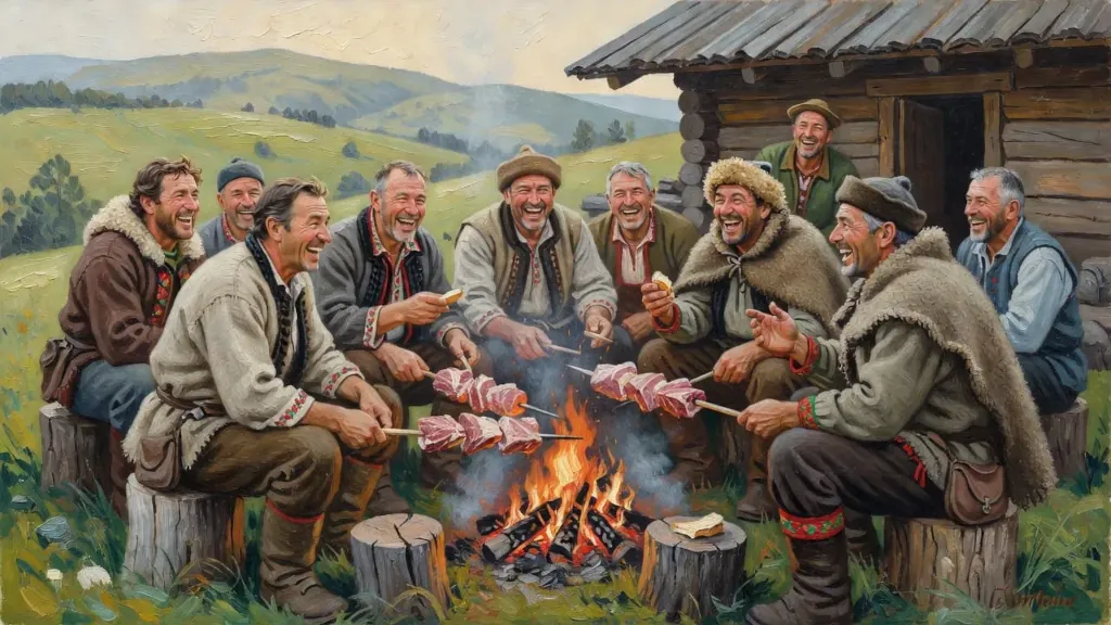 Tradične oblečení muži opekajú mäso na ohni pri drevenici