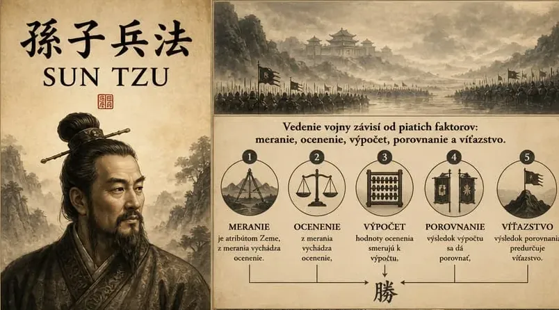 Portrét Sun Tzu a infografika o piatich faktoroch vedenia vojny.