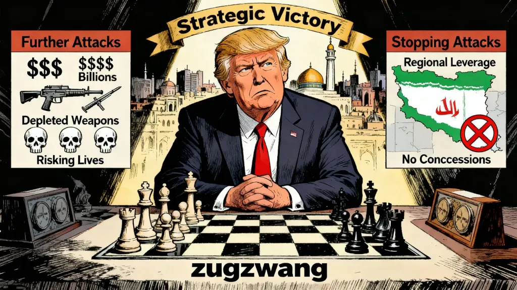 Ilustrácia Donalda Trumpa hrajúceho šach s geopolitickou tematikou.