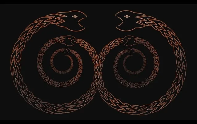 Dva prepletené hady tvoriace bronzový symbol nekonečna na čiernom pozadí.